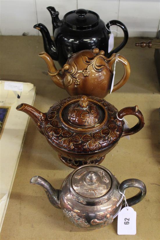 Copeland & Garrett treacle-glazed Cadogan teapot, double-spouted barge-type teapot & 2 other teapots (faults)
